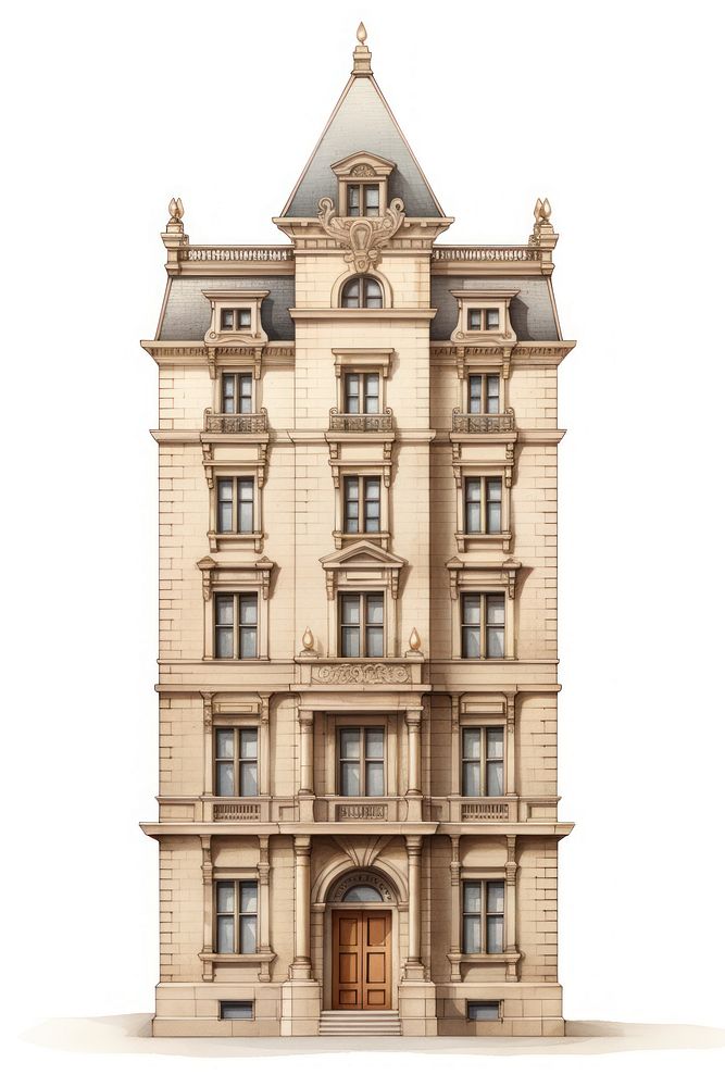 Architecture illustration of a american tall sand stone classic building tower city white background.