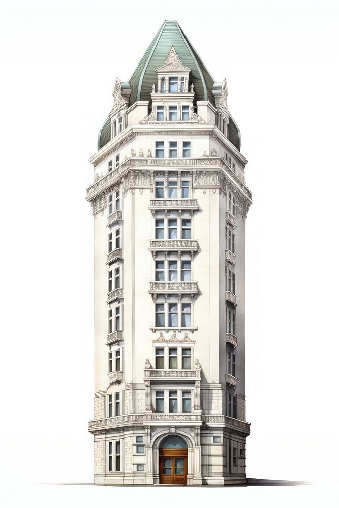 Architecture illustration of a american tall classic building tower city white background.