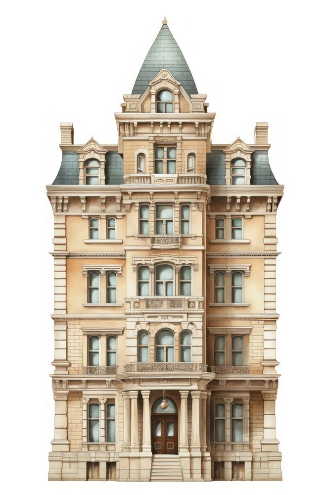 Architecture illustration of a american tall sand stone classic building house tower city.