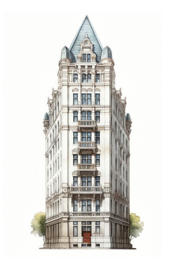 Architecture illustration of a american tall classic building tower city white background.