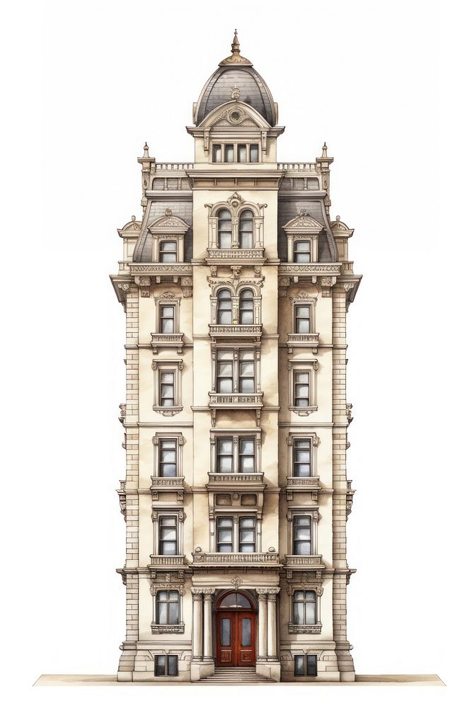 Architecture illustration of a american tall sand stone classic building sketch tower city.