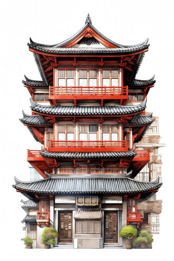 Architecture illustration of an asian apartment building temple pagoda.