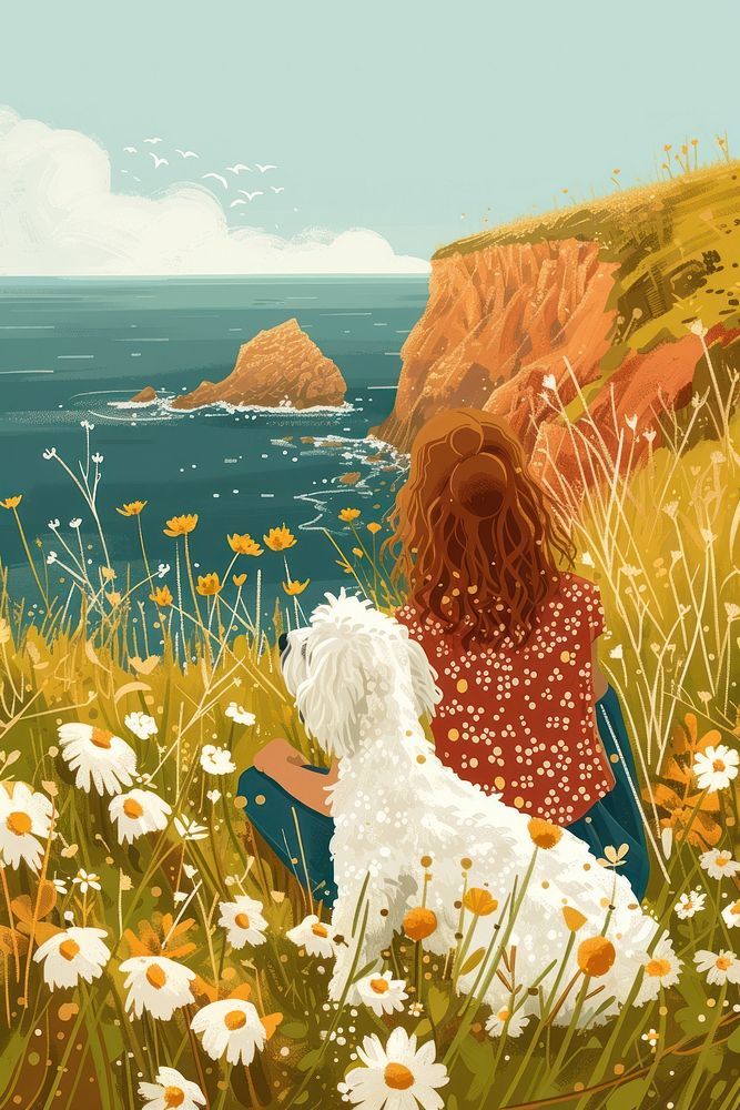 Women sitting with her white dog flower grass coast.