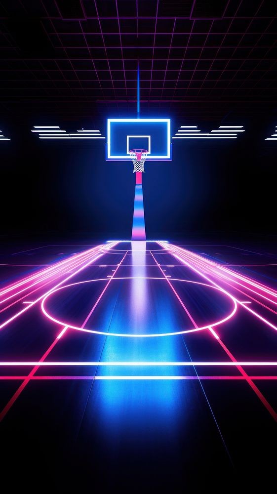 Basketball court made of neon lights futuristic lighting illuminated.
