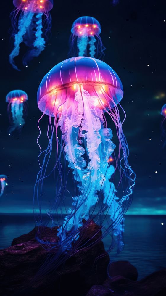 Glowing jellyfish swim deep in blue sea glowing star invertebrate.