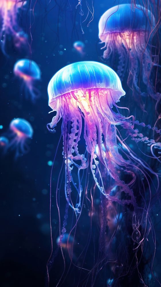 Glowing jellyfish swim deep in blue sea glowing animal invertebrate.