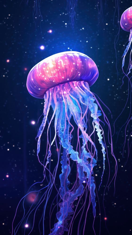 Glowing jellyfish swim deep in blue sea glowing invertebrate transparent.