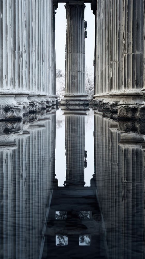 Grey tone wallpaper greek temple architecture reflection building.
