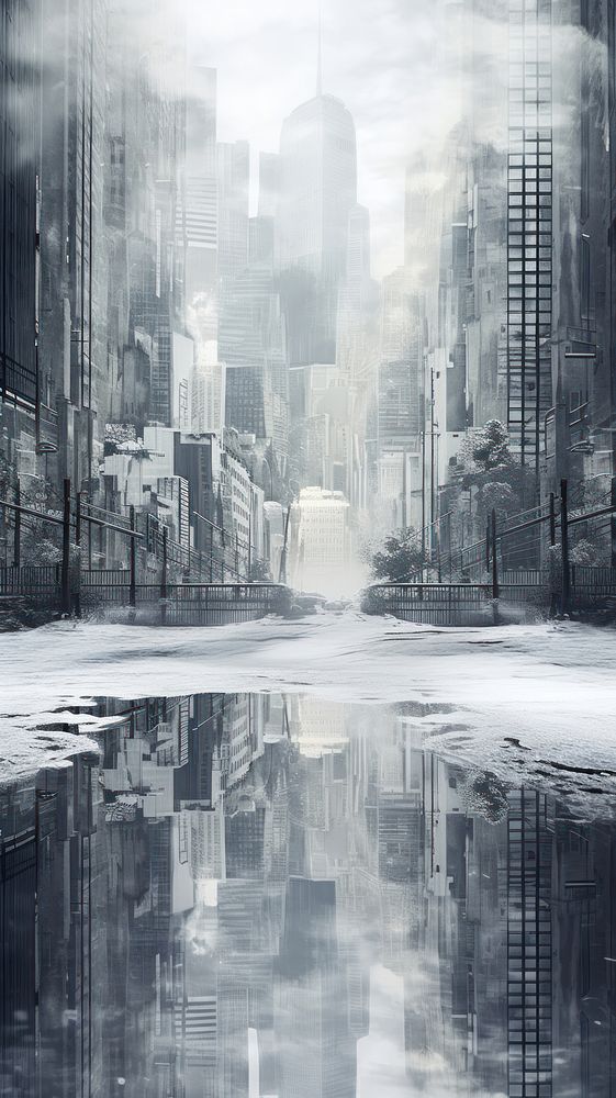 Grey tone wallpaper snowy city architecture reflection building.