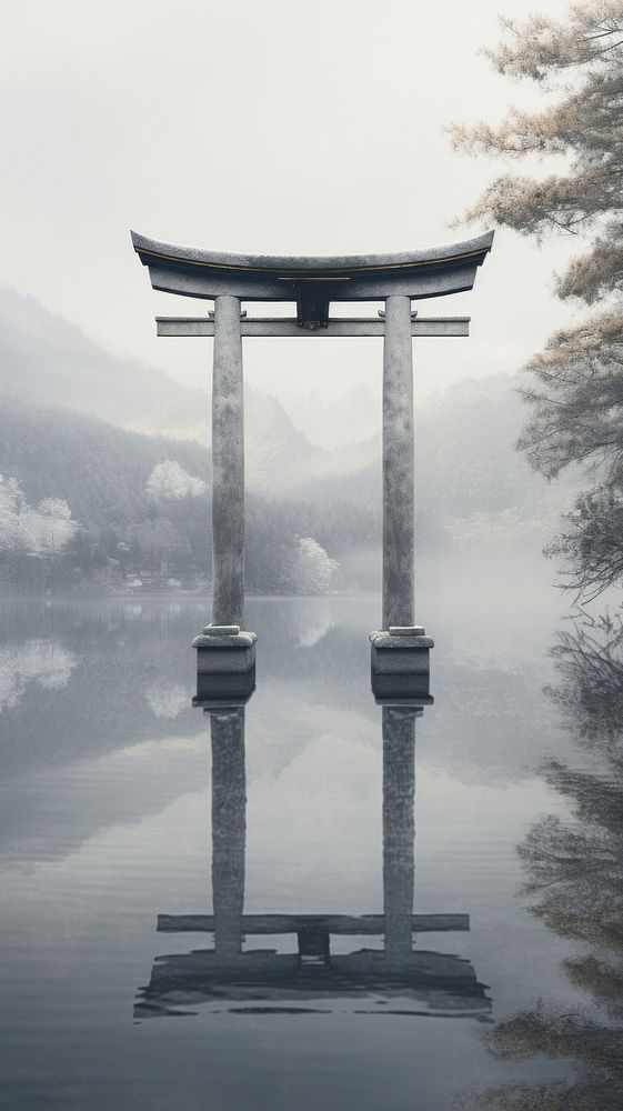 Grey tone wallpaper torii gate on a lake architecture reflection outdoors.