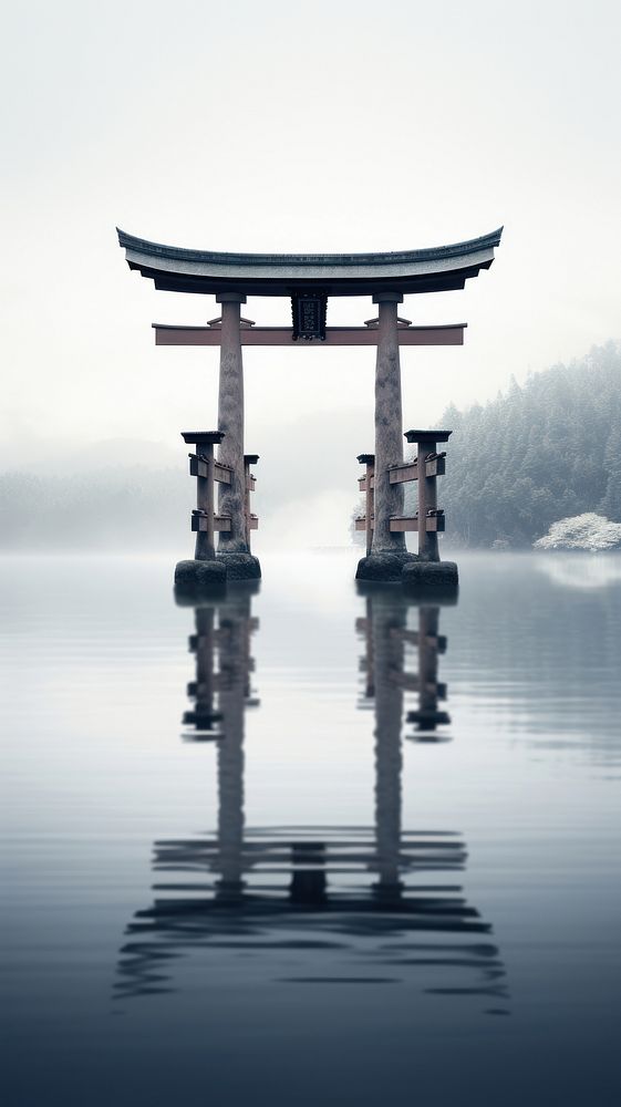Grey tone wallpaper torii gate on a lake reflection spirituality architecture.