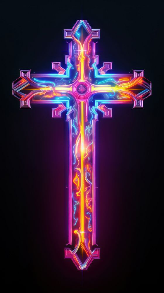 Illuminating Cross in neon colors cross symbol light.