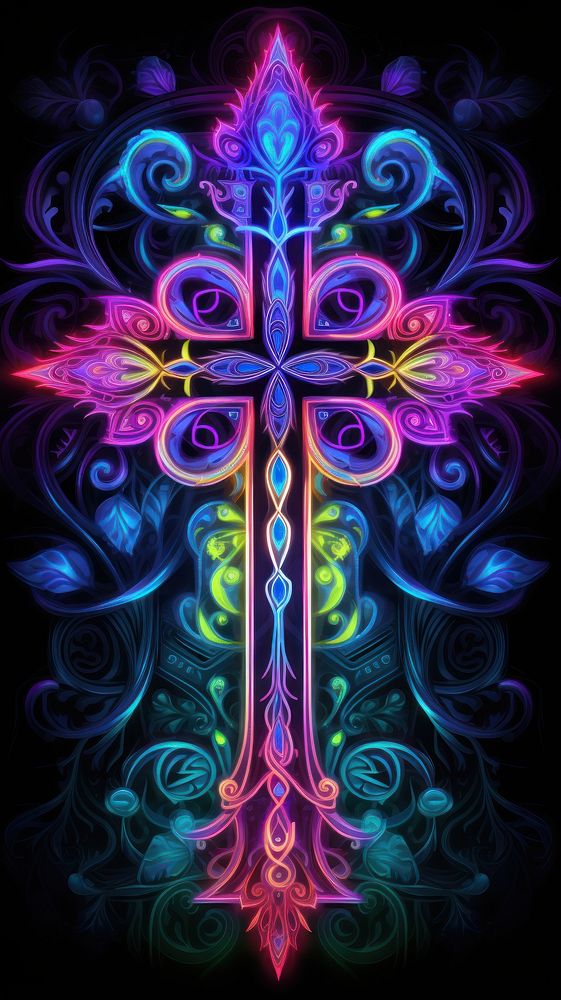 Illuminating Cross in neon colors pattern purple spirituality.