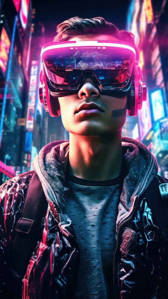 Man in meteverse glasses or in virtual reality glasses portrait adult city.
