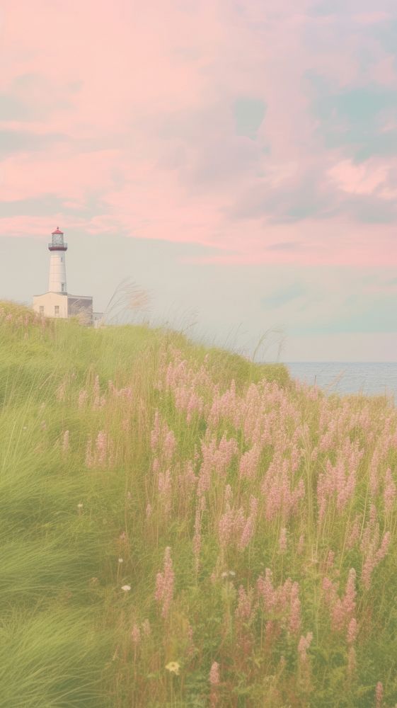 Pastel wallpaper spring hill grass architecture lighthouse.