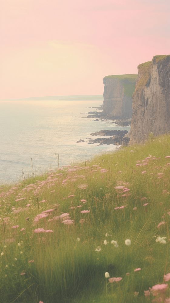 Pastel wallpaper spring hill flower grass cliff.