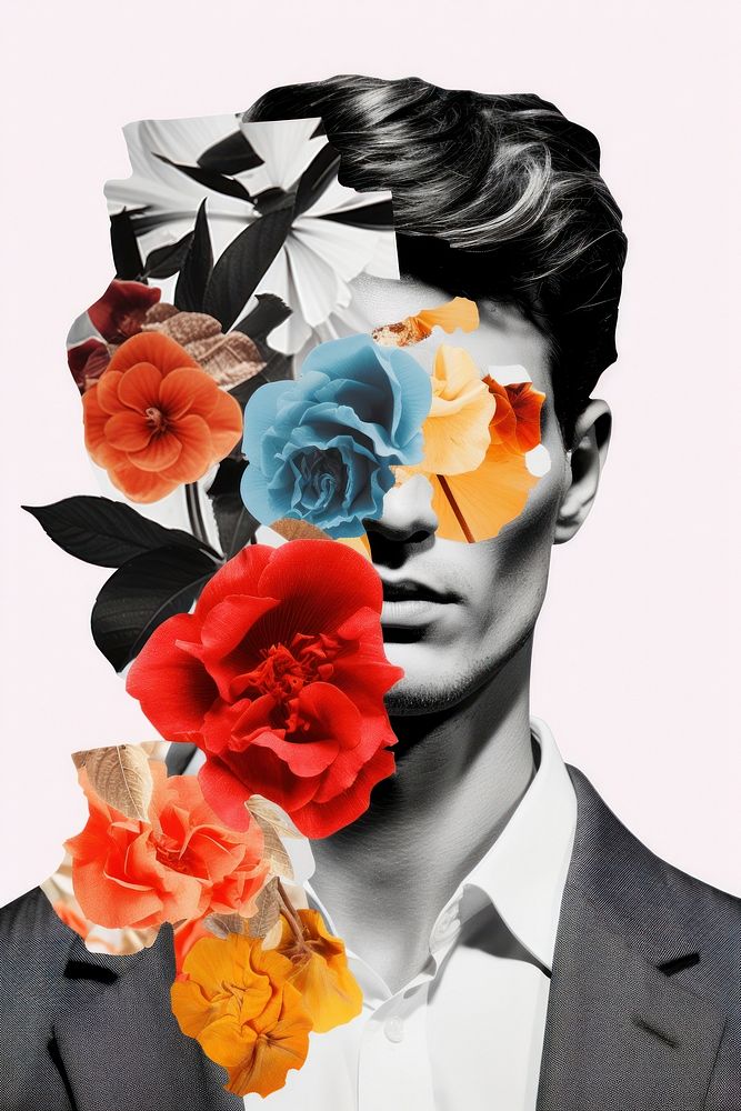 Collage of portrait glooming men flower art fashion.