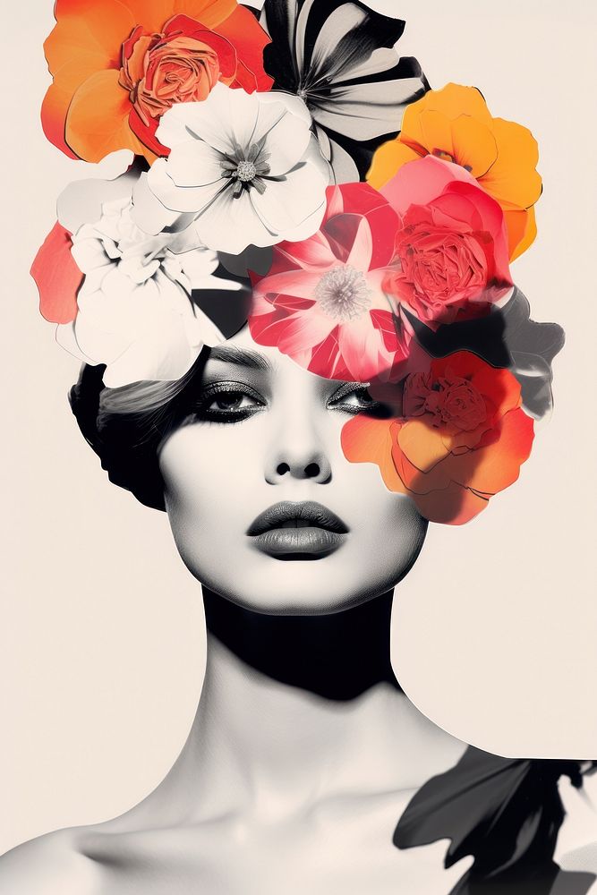 Photo paper collage of portrait modern women flower art fashion.