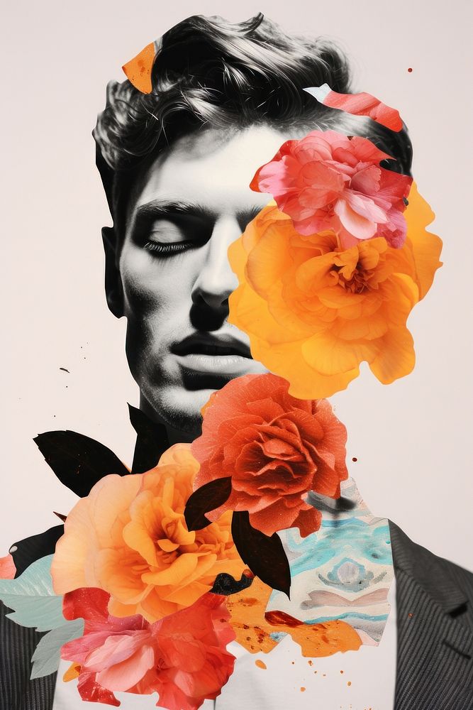 Collage of portrait glooming men flower art painting.