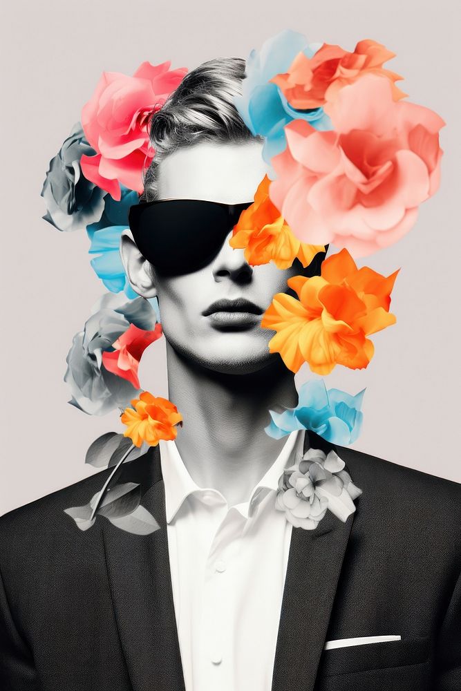 Collage of portrait glooming men flower sunglasses fashion.