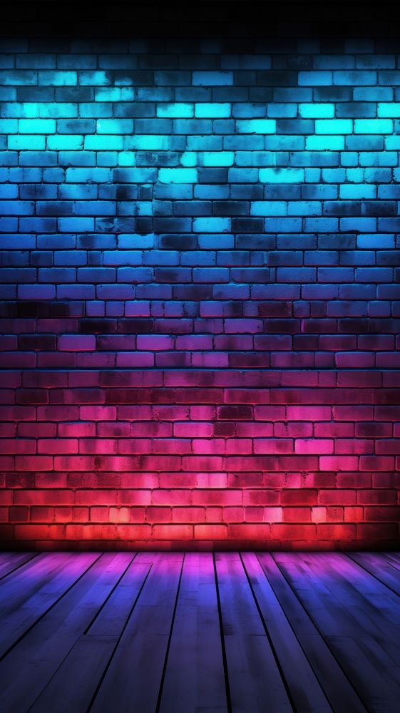 Modern futuristic neon lights brick wall architecture.
