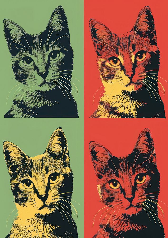 Four cat in four different color art pattern mammal.