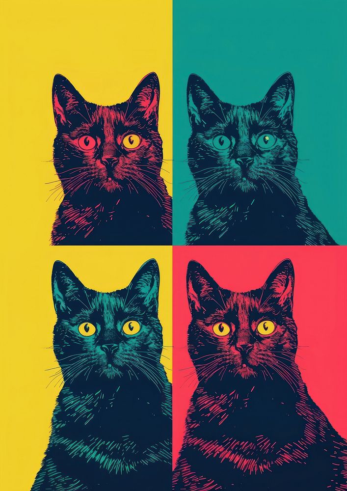 Four cat in four different color art pattern mammal.