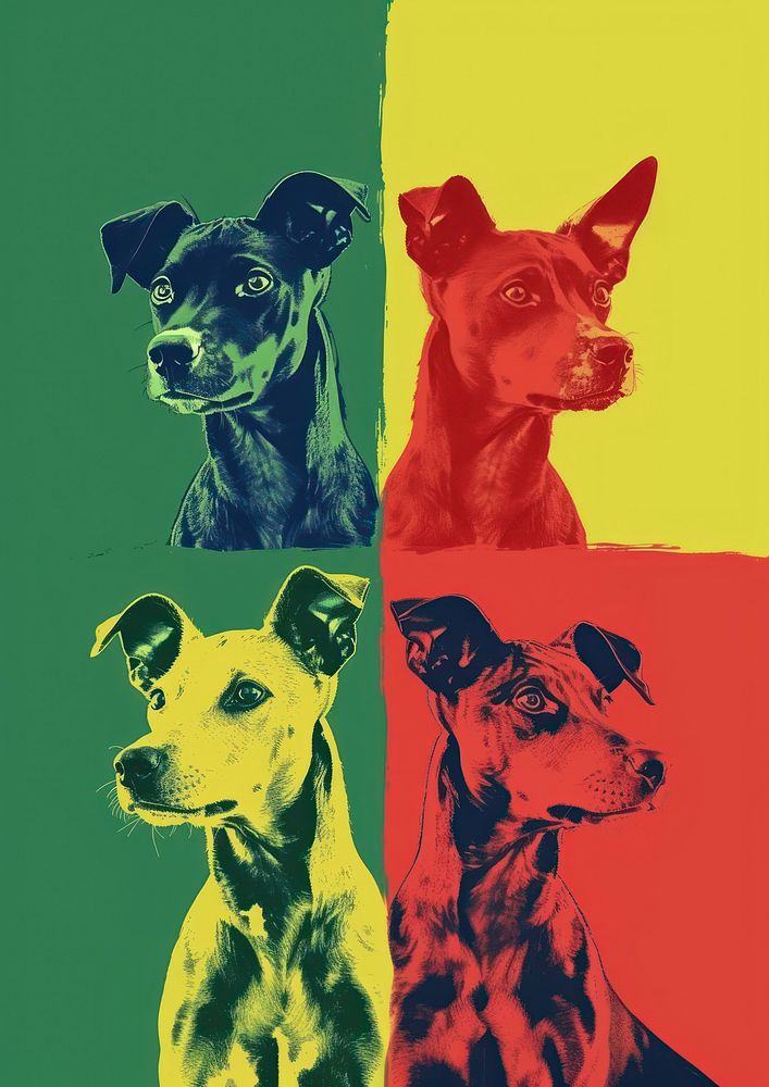 Four dog in four different color mammal animal yellow.
