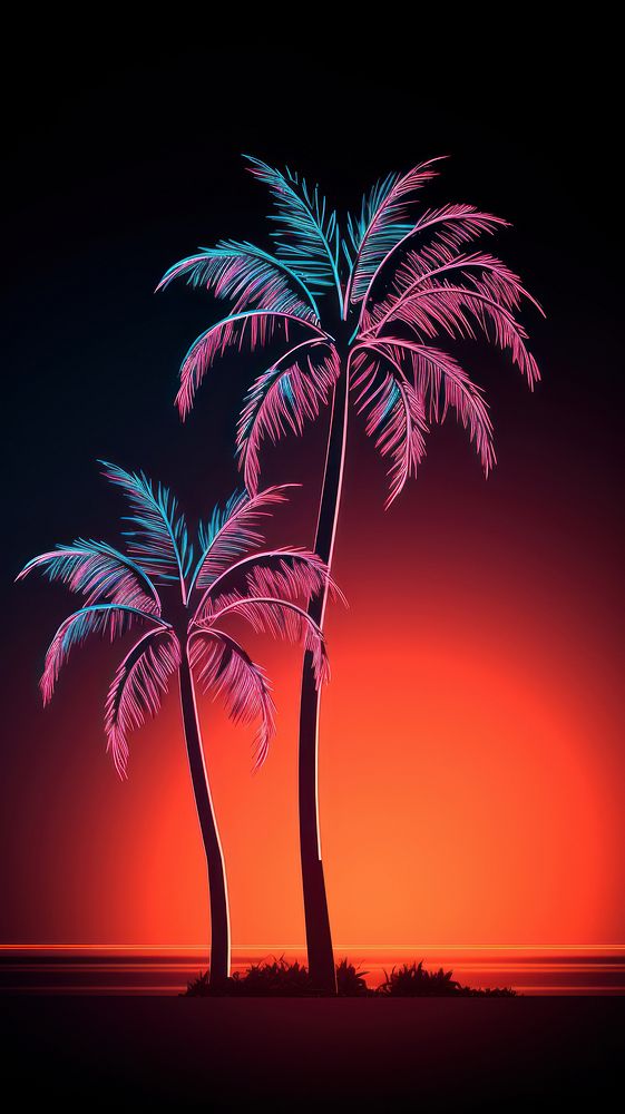 Neon glowing light with tropical palm trees outdoors nature plant.
