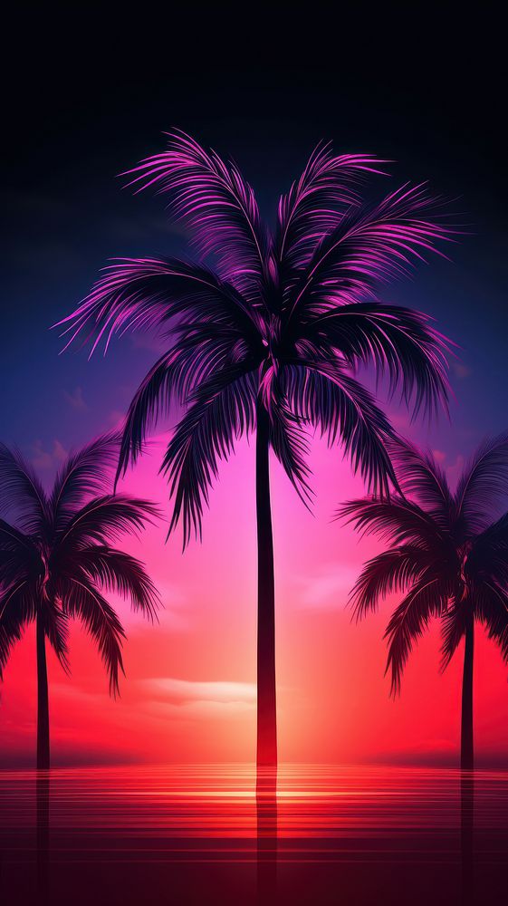 Neon glowing light with tropical palm trees outdoors sunset nature.