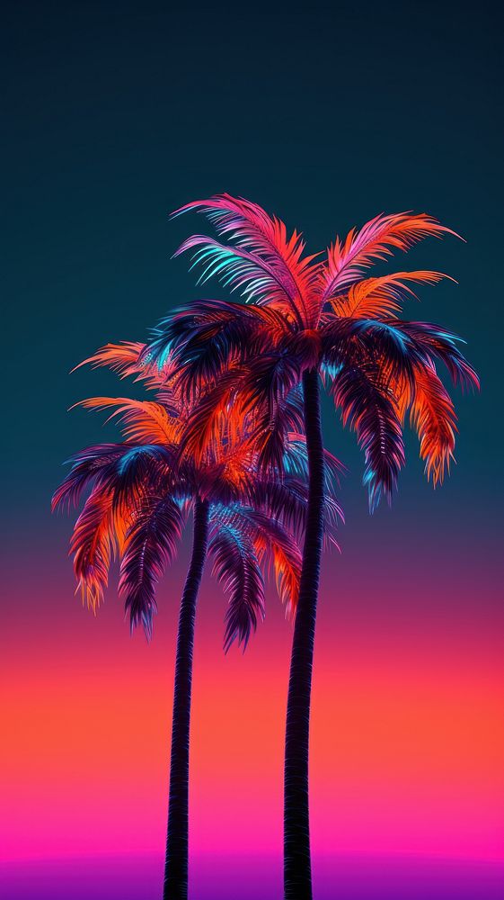 Neon glowing light with tropical palm trees outdoors tropics nature.