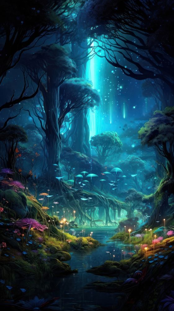 Neon forest scenery wallpaper outdoors nature light.