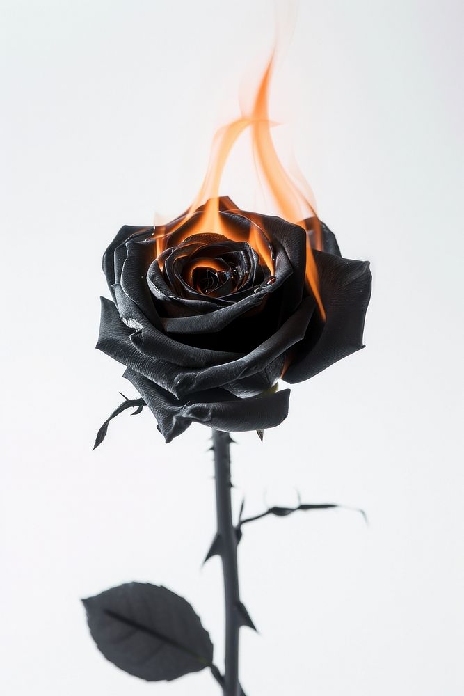 Black rose on flame flower plant inflorescence.