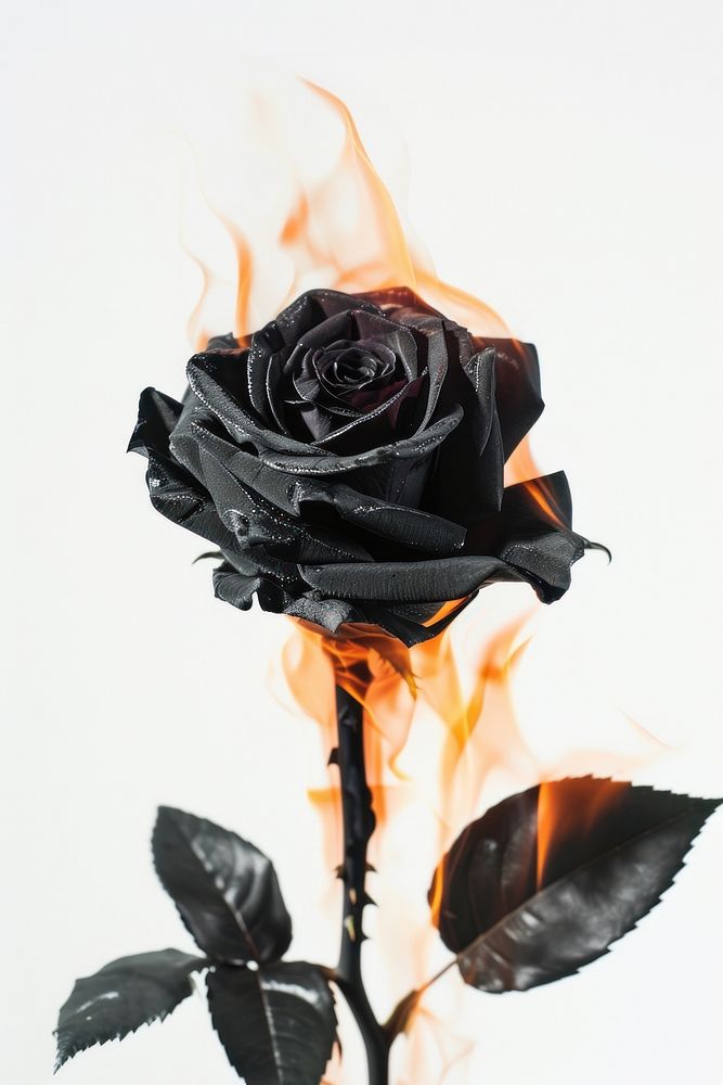 Black rose on flame flower plant inflorescence.