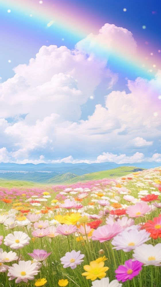 Rainbow flower field sky.