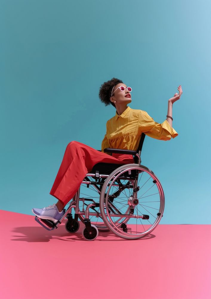 A disability woman on a wheelchair sitting parasports portrait.