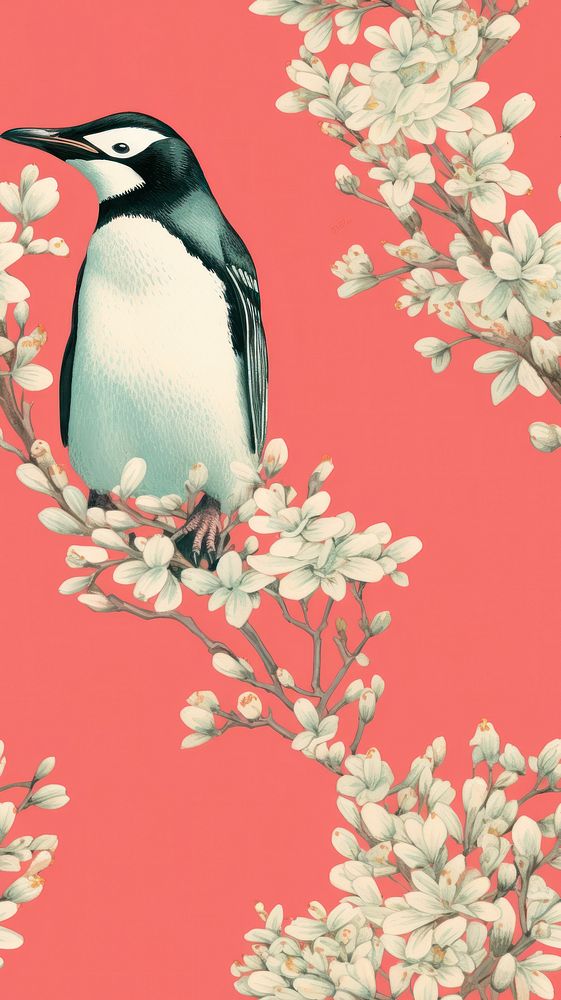 Vintage drawing of penguim penguin pattern flower.