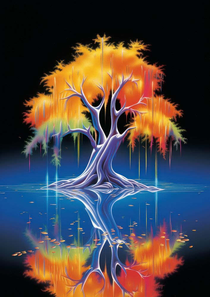 Airbrush art of a willow tree outdoors accessories reflection.
