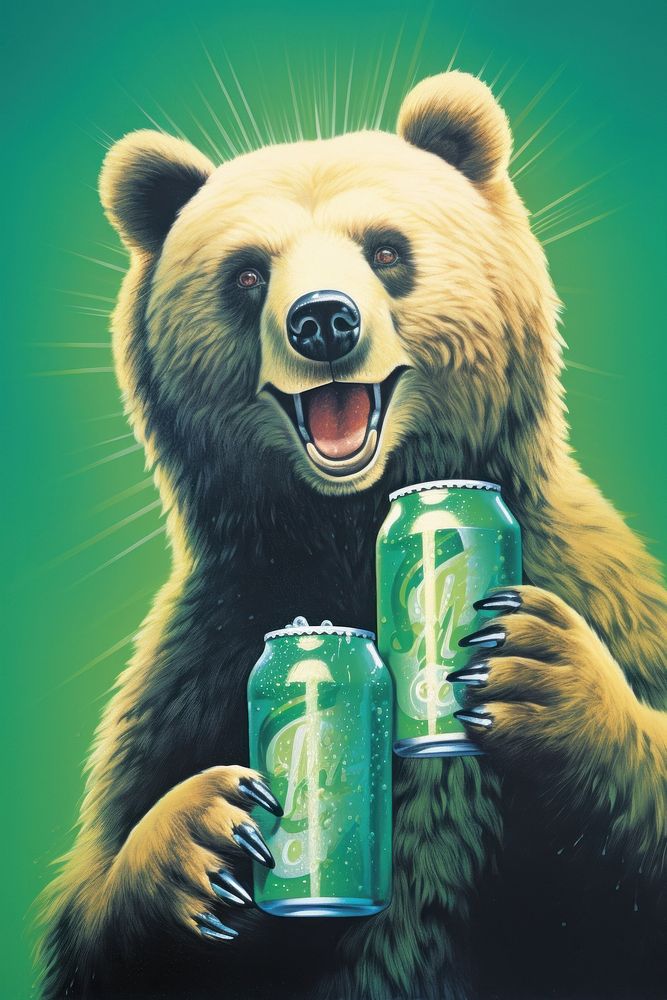 Airbrush art of a bear with beer mammal rat refreshment.