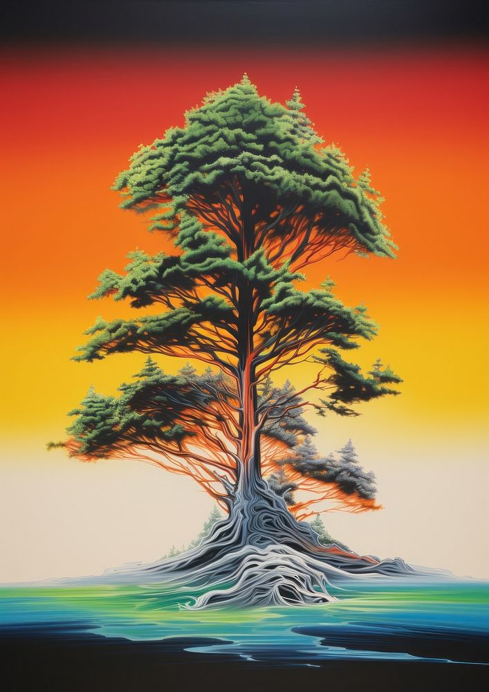 Airbrush art of a pine tree painting plant tranquility.