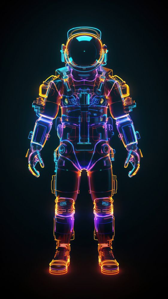 Neon astronaut wireframe light robot illuminated.
