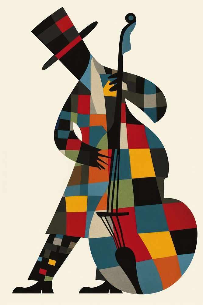 Jazz musician of different playing musical instrument and singing cello art representation.