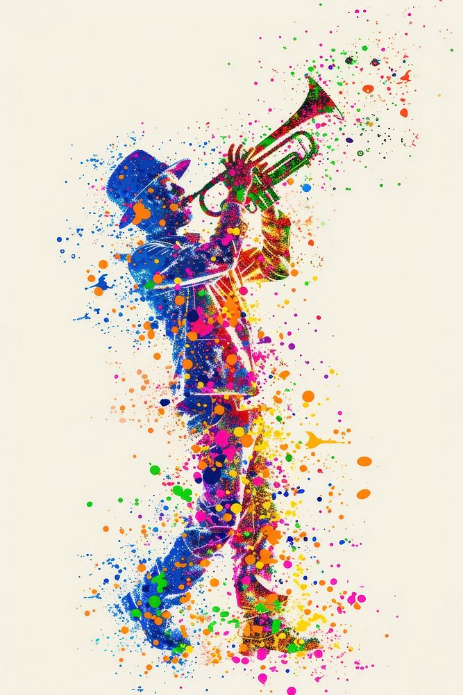 Jazz musician of different playing musical instrument and singing abstract purple art.
