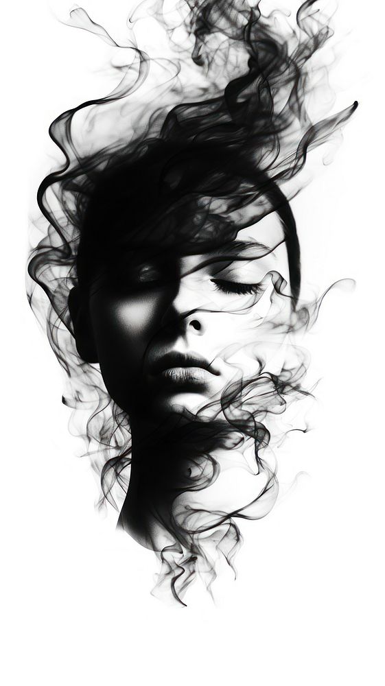 Abstract smoke face shaped portrait drawing sketch.