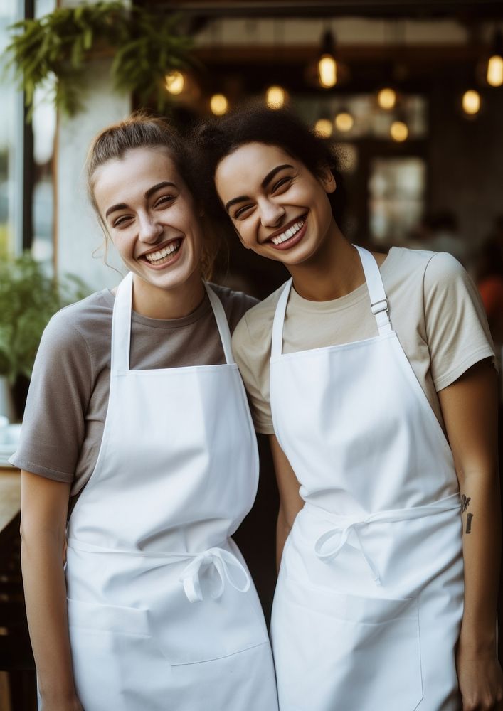 2 women wearing white fabric apron adult happy face.