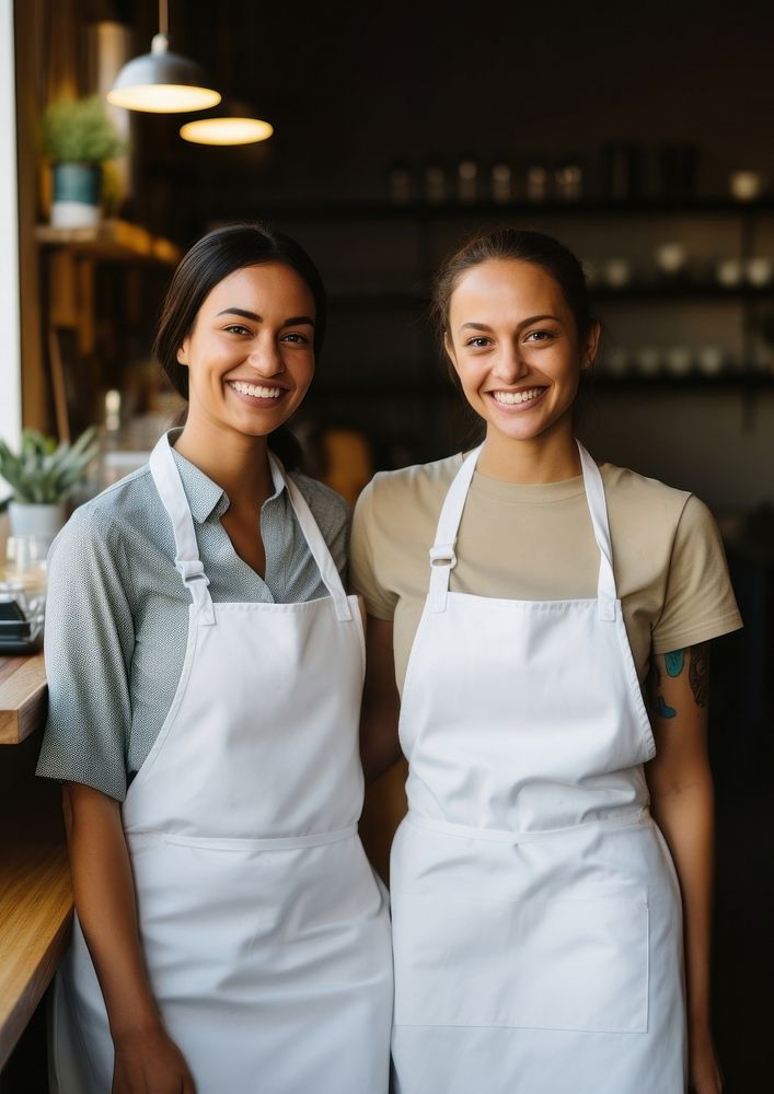 2 women wearing white fabric apron adult togetherness entrepreneur.