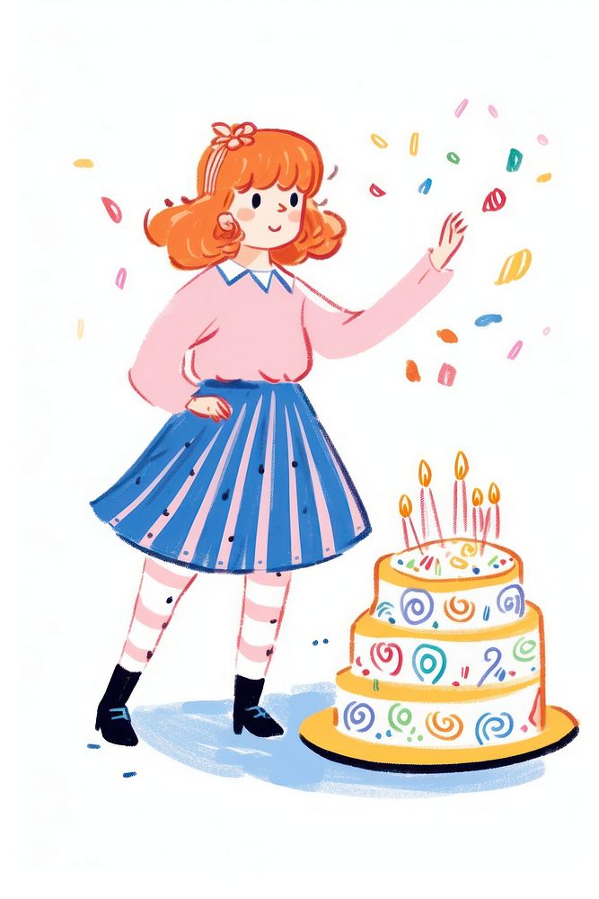 Doodle illustration adult girl cake birthday dessert.