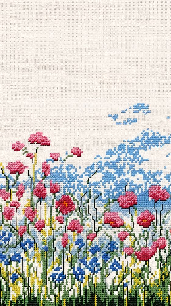 Cross stitch flower field wallpaper embroidery pattern nature.
