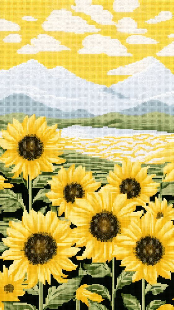 Cross stitch sunflower field wallpaper nature landscape outdoors.