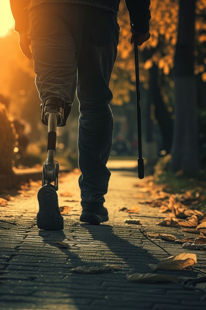 A man with prosthetic leg walking adult transportation.